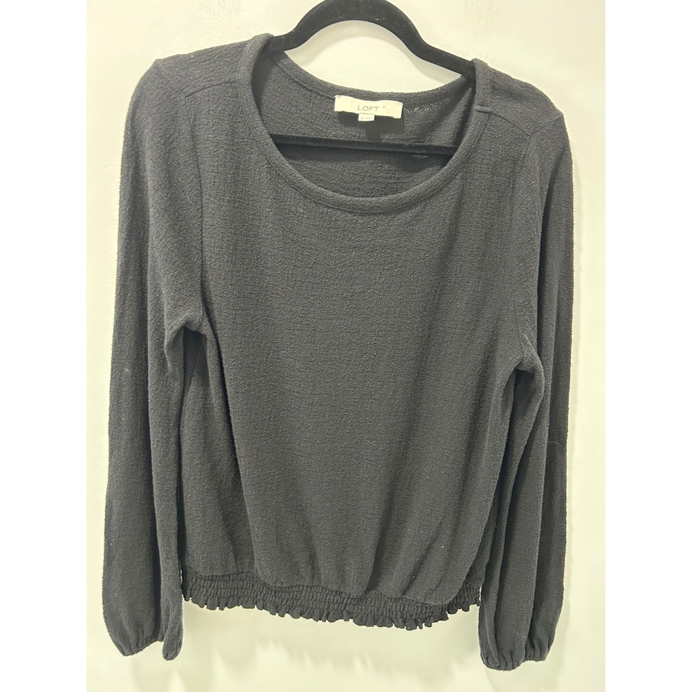 LOFT Womens Medium Black Textured Cotton Smocked Hem Long Sleeve Top